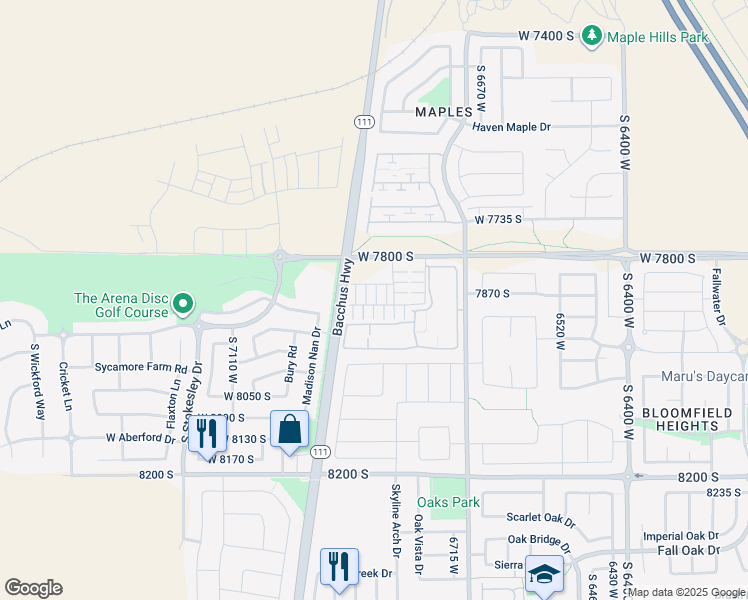 map of restaurants, bars, coffee shops, grocery stores, and more near 7886 Fauna Lane in West Jordan