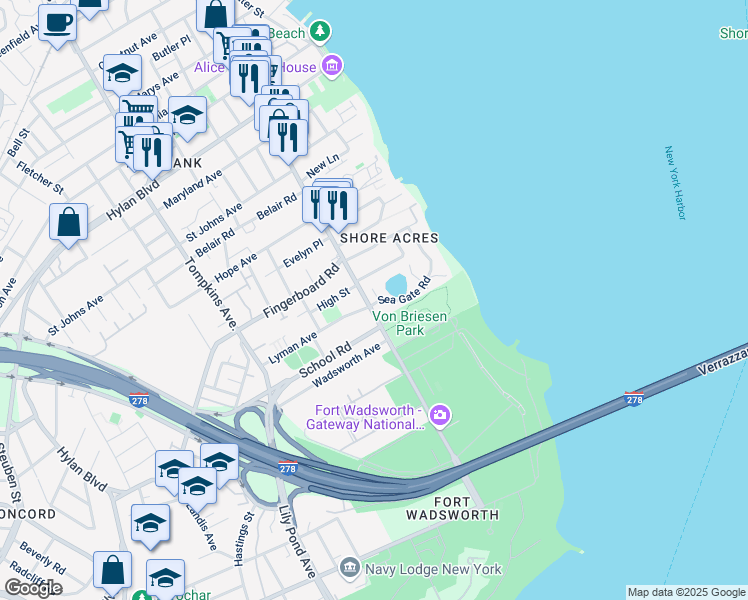 map of restaurants, bars, coffee shops, grocery stores, and more near 1477 Bay Street in Staten Island
