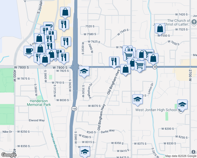 map of restaurants, bars, coffee shops, grocery stores, and more near 33 Broadmoor Apartments Access in West Jordan