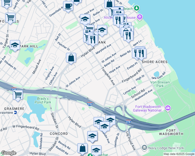 map of restaurants, bars, coffee shops, grocery stores, and more near 43 Beethoven St in Staten Island