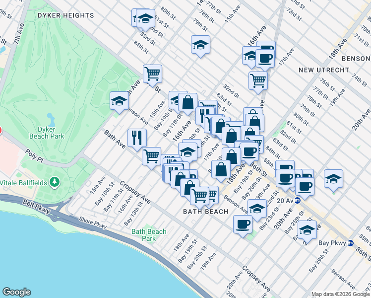 map of restaurants, bars, coffee shops, grocery stores, and more near 79 Bay 13th Street in Brooklyn