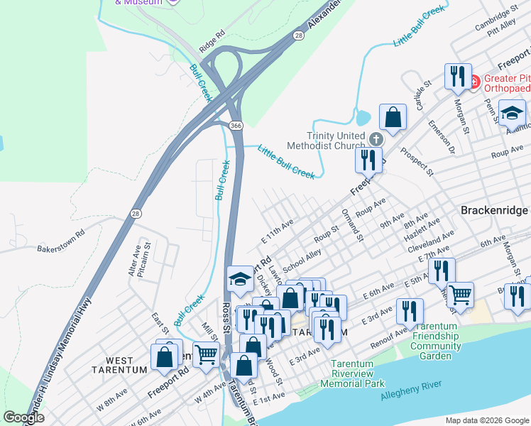 map of restaurants, bars, coffee shops, grocery stores, and more near 1120 Constitution Street in Tarentum