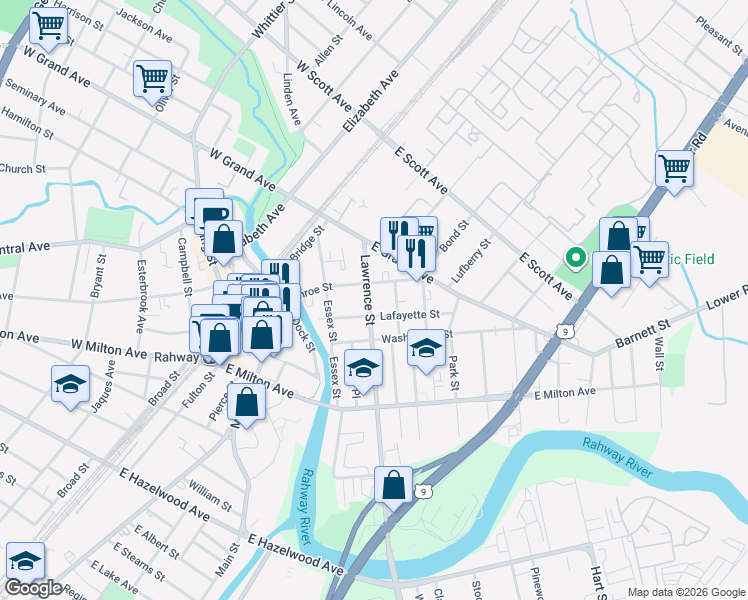 map of restaurants, bars, coffee shops, grocery stores, and more near 1721 Lawrence Street in Rahway