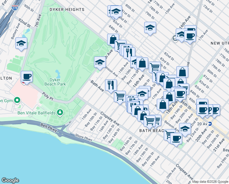 map of restaurants, bars, coffee shops, grocery stores, and more near 141 Bay 10th Street in Brooklyn