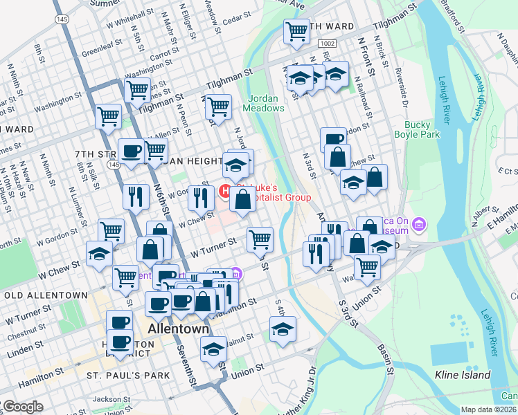 map of restaurants, bars, coffee shops, grocery stores, and more near 235 North Elliger Street in Allentown