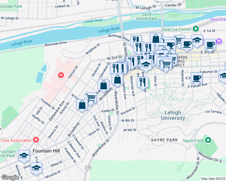 map of restaurants, bars, coffee shops, grocery stores, and more near 520 Pennsylvania 378 in Bethlehem