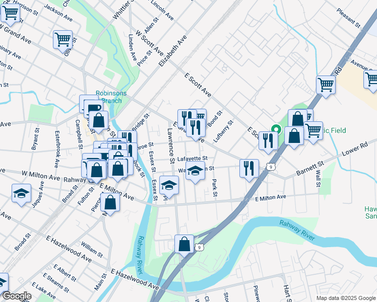 map of restaurants, bars, coffee shops, grocery stores, and more near 1769 Montgomery Street in Rahway