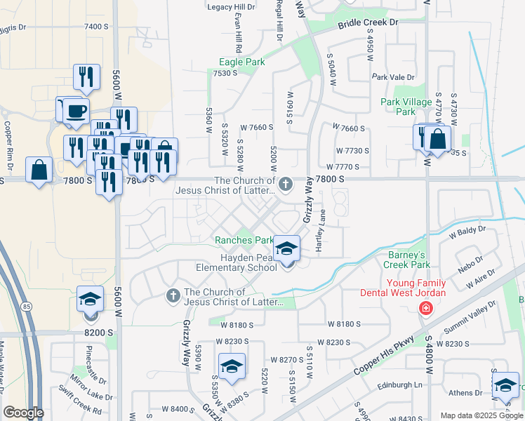 map of restaurants, bars, coffee shops, grocery stores, and more near 7881 Window Rock Way in West Jordan
