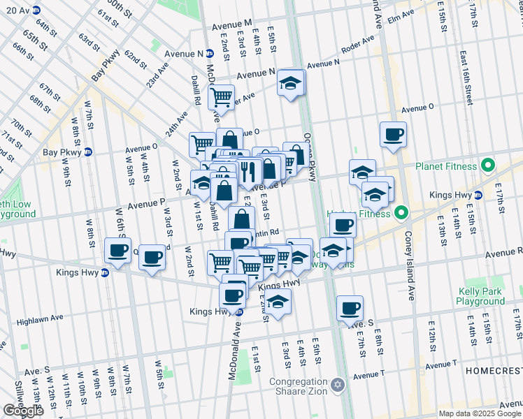 map of restaurants, bars, coffee shops, grocery stores, and more near 1736 East 3rd Street in Brooklyn
