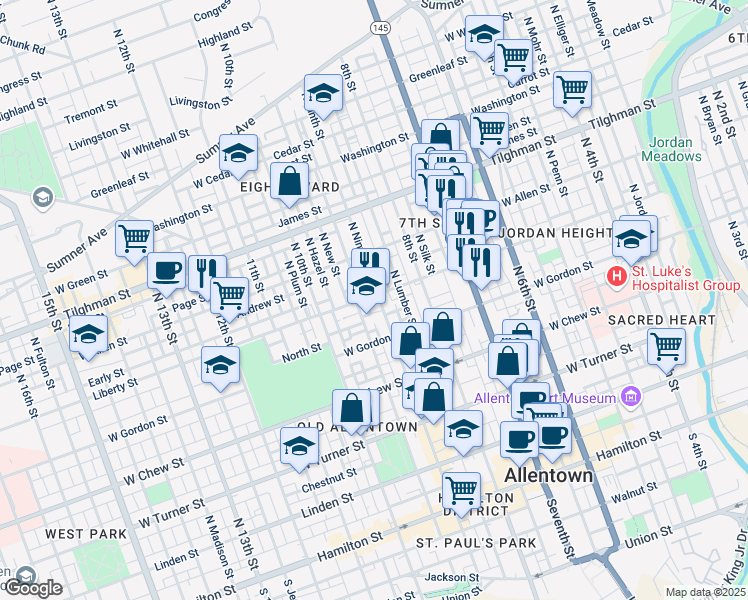 map of restaurants, bars, coffee shops, grocery stores, and more near 446 North Ninth Street in Allentown