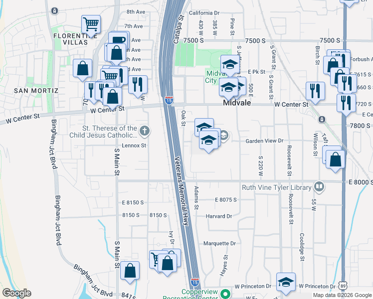map of restaurants, bars, coffee shops, grocery stores, and more near 7875 Oak Street in Midvale