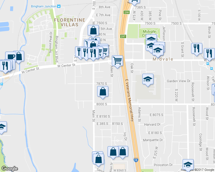map of restaurants, bars, coffee shops, grocery stores, and more near 7872 Allen Street in Midvale