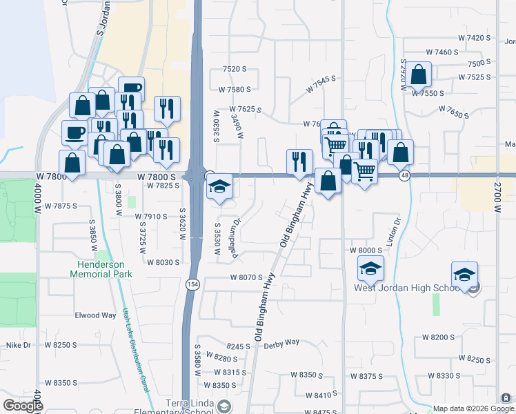 map of restaurants, bars, coffee shops, grocery stores, and more near 33 Broadmoor Apartments Access in West Jordan