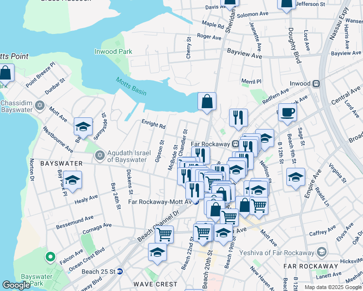 map of restaurants, bars, coffee shops, grocery stores, and more near 13-83 Chandler Street in Queens