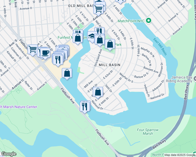 map of restaurants, bars, coffee shops, grocery stores, and more near 2722 Mill Avenue in Brooklyn