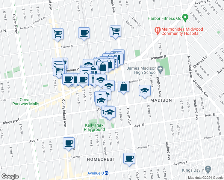 map of restaurants, bars, coffee shops, grocery stores, and more near 1728 East 19th Street in Brooklyn