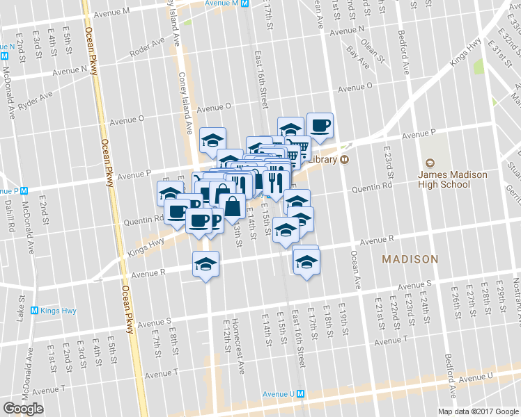 map of restaurants, bars, coffee shops, grocery stores, and more near 1703 East 14th Street in Brooklyn