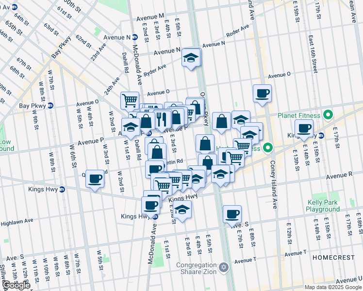 map of restaurants, bars, coffee shops, grocery stores, and more near 1739 East 4th Street in Brooklyn