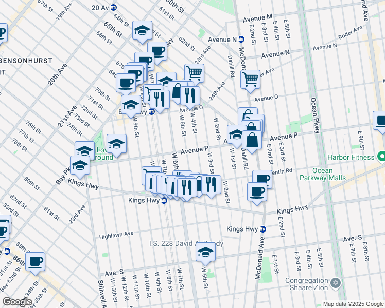 map of restaurants, bars, coffee shops, grocery stores, and more near 1601 West 5th Street in Brooklyn