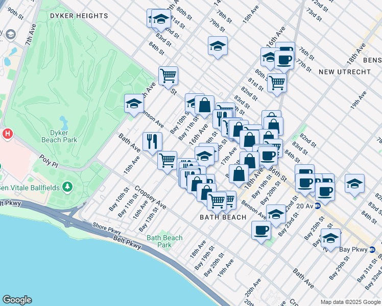map of restaurants, bars, coffee shops, grocery stores, and more near 86 Bay 13th Street in Brooklyn
