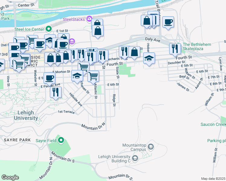 map of restaurants, bars, coffee shops, grocery stores, and more near 619 Ridge Street in Bethlehem
