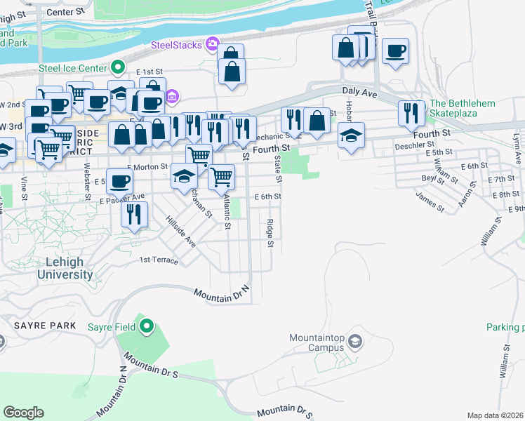 map of restaurants, bars, coffee shops, grocery stores, and more near 619 Ridge Street in Bethlehem