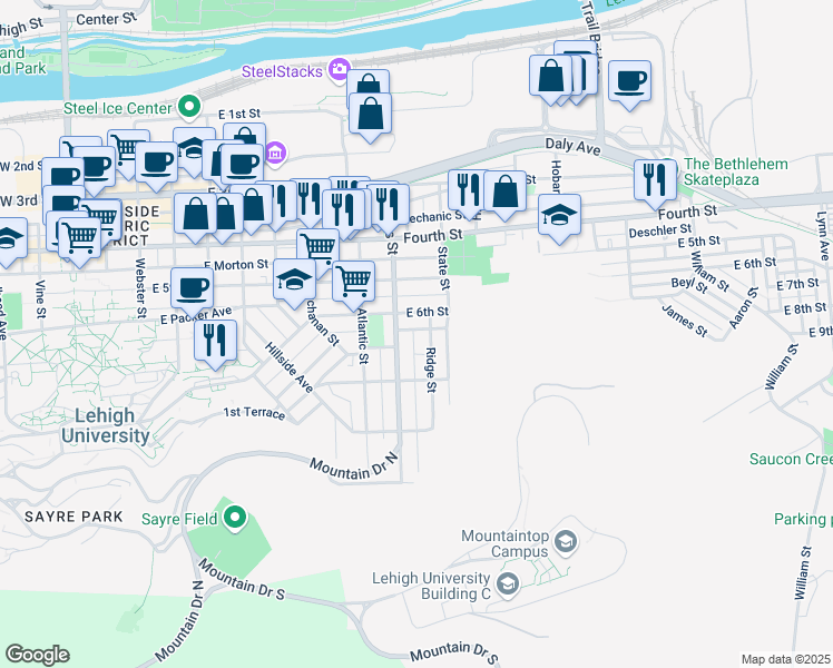 map of restaurants, bars, coffee shops, grocery stores, and more near 619 Ridge Street in Bethlehem