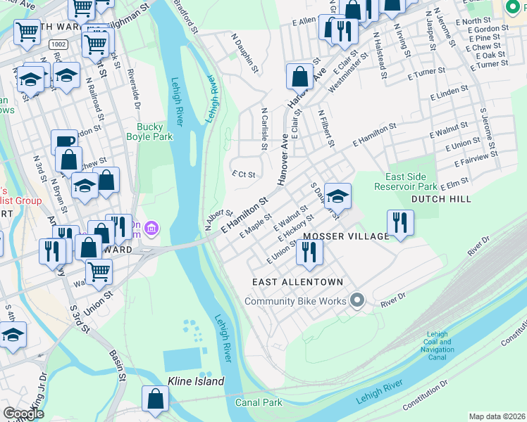 map of restaurants, bars, coffee shops, grocery stores, and more near 228 East Hamilton Street in Allentown