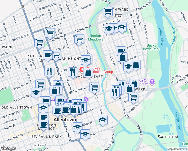 map of restaurants, bars, coffee shops, grocery stores, and more near 235 North Elliger Street in Allentown