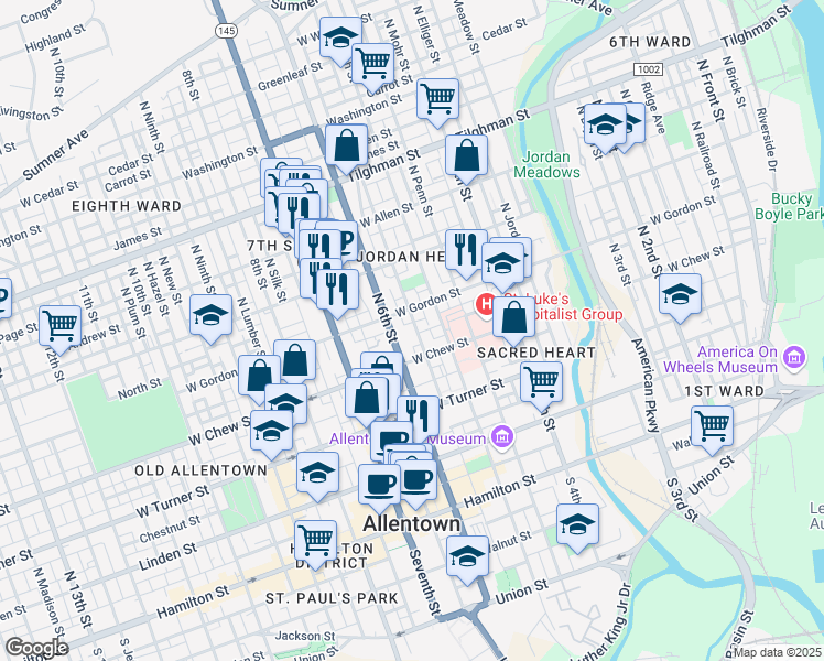 map of restaurants, bars, coffee shops, grocery stores, and more near 323 North Law Street in Allentown