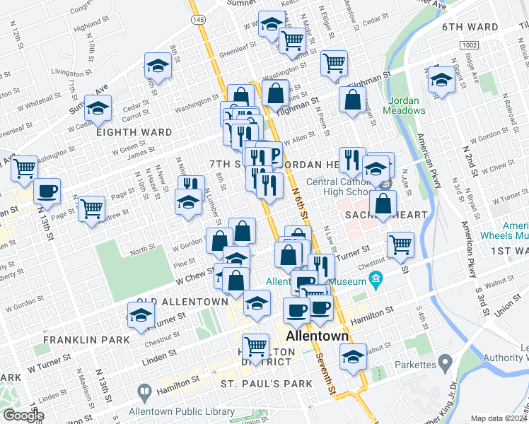map of restaurants, bars, coffee shops, grocery stores, and more near in Allentown