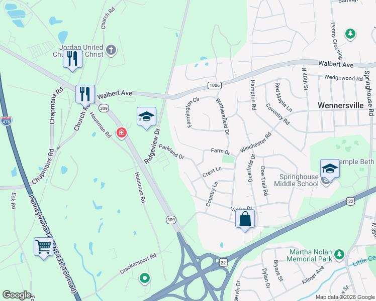 map of restaurants, bars, coffee shops, grocery stores, and more near 4444 Farm Drive in Allentown