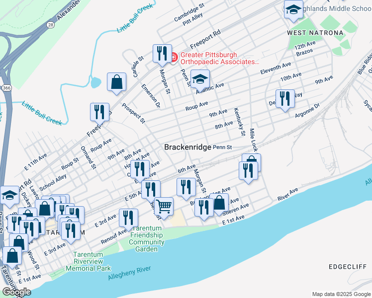 map of restaurants, bars, coffee shops, grocery stores, and more near in Brackenridge