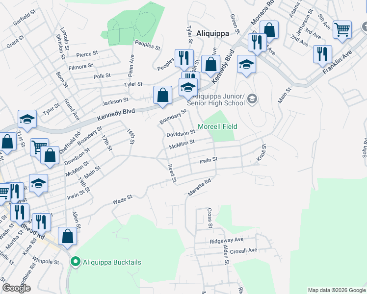 map of restaurants, bars, coffee shops, grocery stores, and more near 1307 McMinn Street in Aliquippa