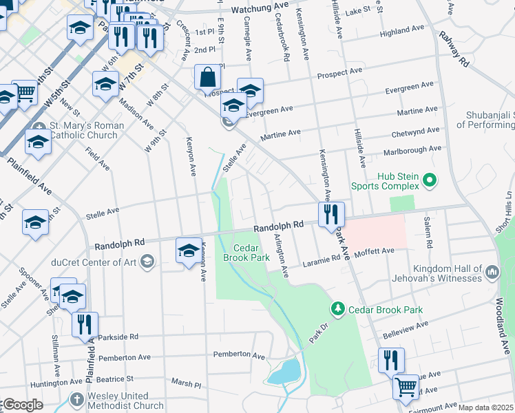 map of restaurants, bars, coffee shops, grocery stores, and more near 1065 Rose Street in Plainfield