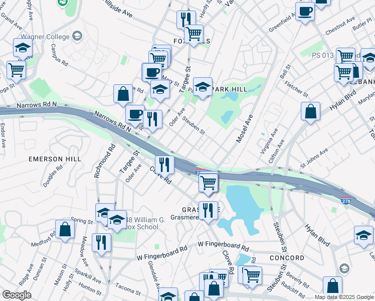 map of restaurants, bars, coffee shops, grocery stores, and more near 428 Neckar Avenue in Staten Island