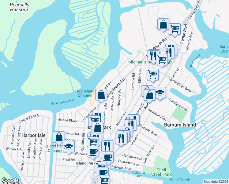 map of restaurants, bars, coffee shops, grocery stores, and more near 117 Ostend Road in Island Park