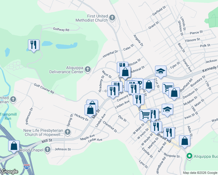 map of restaurants, bars, coffee shops, grocery stores, and more near 2368 Carmel Street in Aliquippa