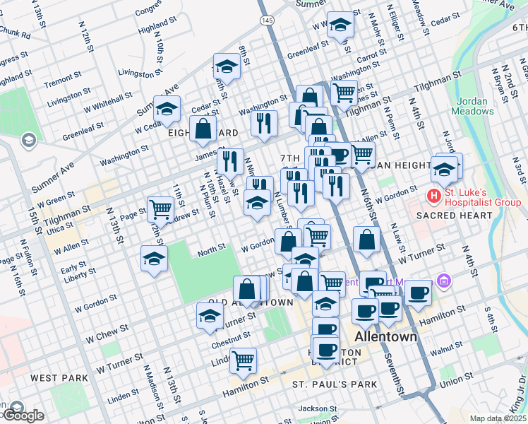 map of restaurants, bars, coffee shops, grocery stores, and more near 446 North Ninth Street in Allentown