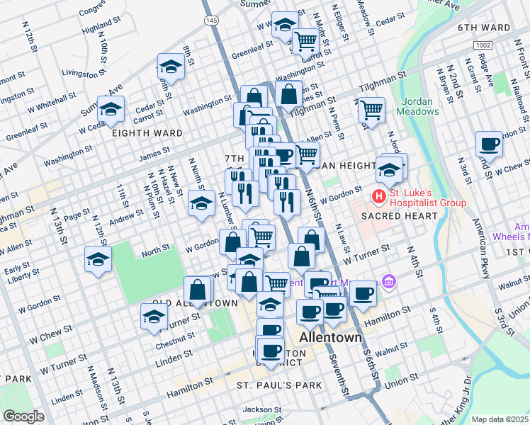 map of restaurants, bars, coffee shops, grocery stores, and more near 415 North Hall Street in Allentown