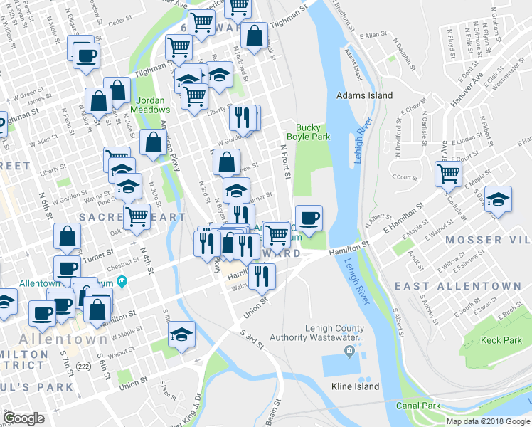 map of restaurants, bars, coffee shops, grocery stores, and more near 124 Ridge Avenue in Allentown