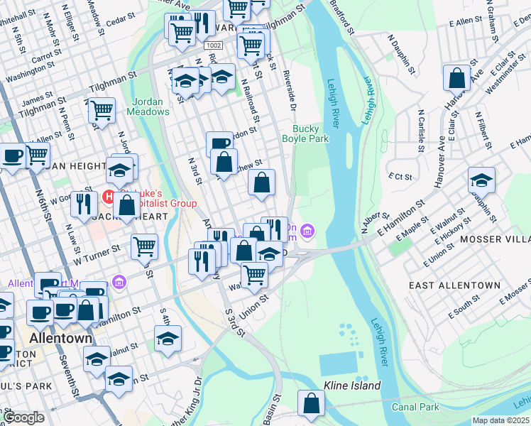 map of restaurants, bars, coffee shops, grocery stores, and more near 122 Ridge Avenue in Allentown
