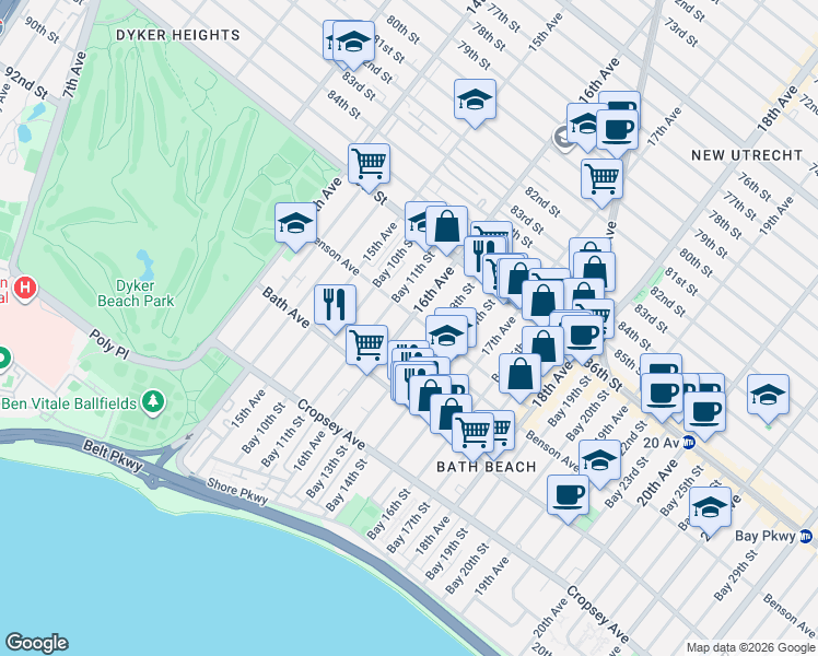 map of restaurants, bars, coffee shops, grocery stores, and more near 86 Bay 13th Street in Brooklyn