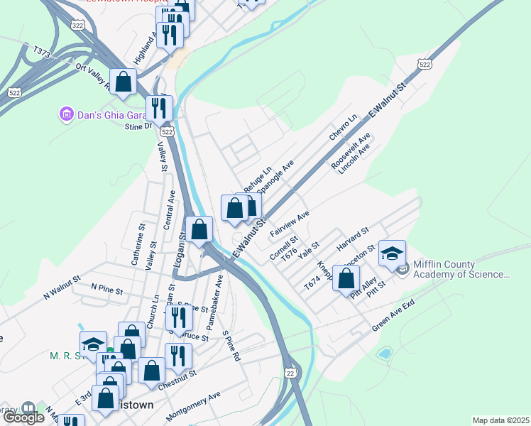 map of restaurants, bars, coffee shops, grocery stores, and more near 501 East Walnut Street in Lewistown