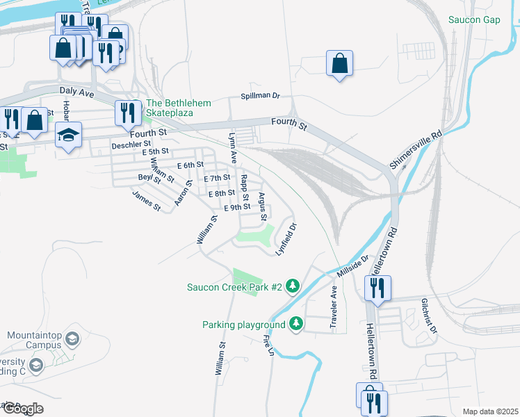 map of restaurants, bars, coffee shops, grocery stores, and more near 906 Argus Street in Bethlehem