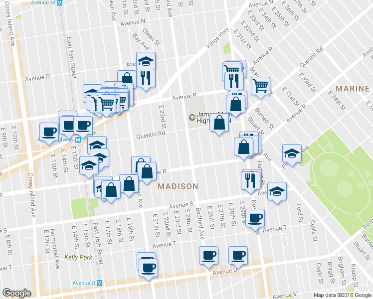 map of restaurants, bars, coffee shops, grocery stores, and more near 3854 Bedford Avenue in Brooklyn