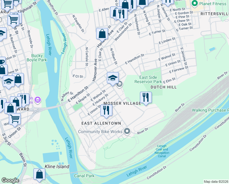 map of restaurants, bars, coffee shops, grocery stores, and more near 341 East Union Street in Allentown