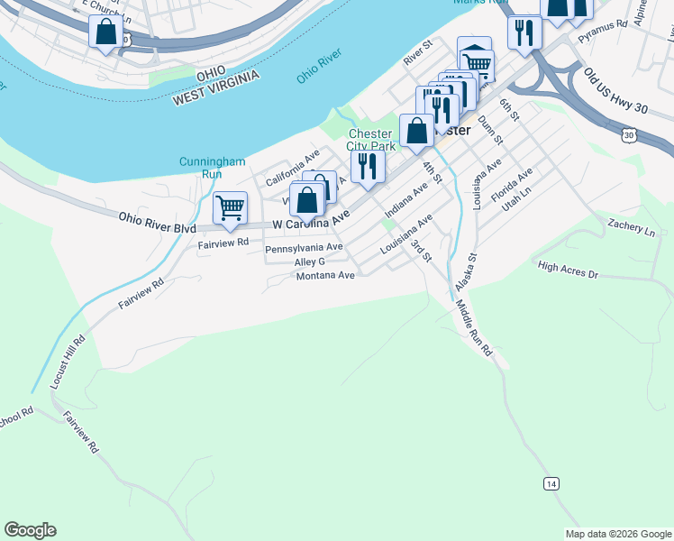 map of restaurants, bars, coffee shops, grocery stores, and more near 171 Montana Ave in Chester