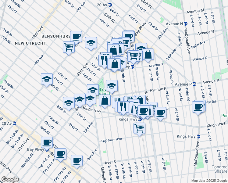 map of restaurants, bars, coffee shops, grocery stores, and more near 1587 West 11th Street in Brooklyn