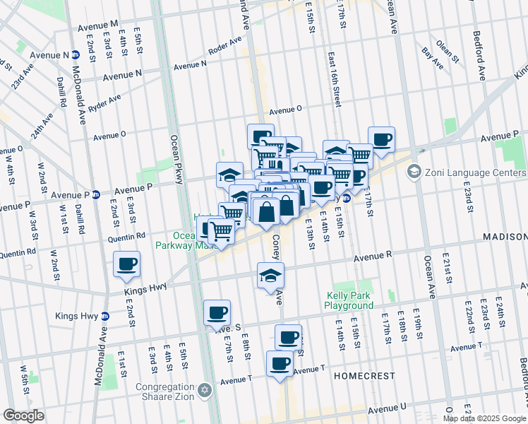 map of restaurants, bars, coffee shops, grocery stores, and more near 1007 Quentin Road in Brooklyn